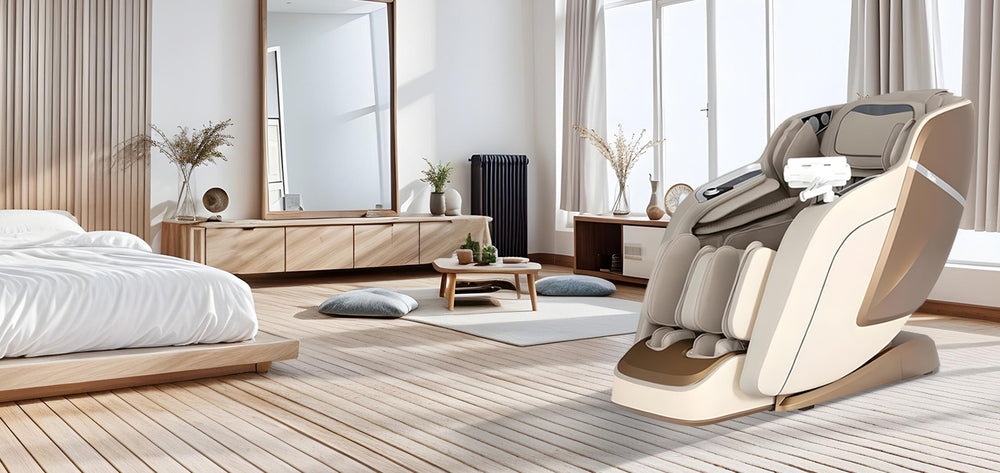 Titan TP-Ronin 4D Massage Chair in taupe color placed in a cozy living room setting, showcasing Wish Rock Relaxation lifestyle.