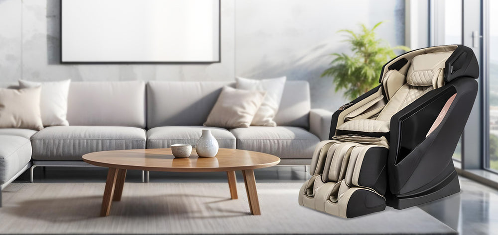 Osaki OS-Pro Yamato Massage Chair in beige and black color, styled in a modern living room setting from Wish Rock Relaxation