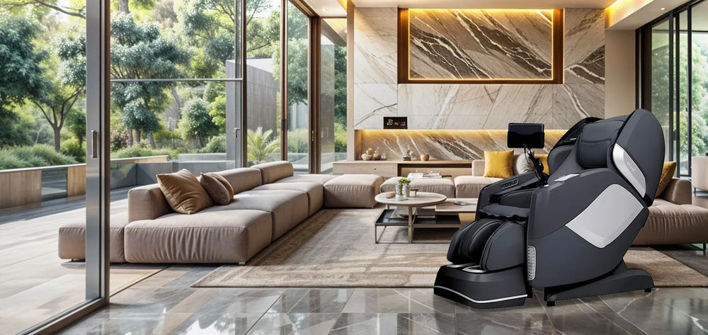 Kyota Nokori M980 Syner-D Massage Chair in Black Color; lifestyle image showcasing the chair in a grand living room from Wish Rock Relaxation