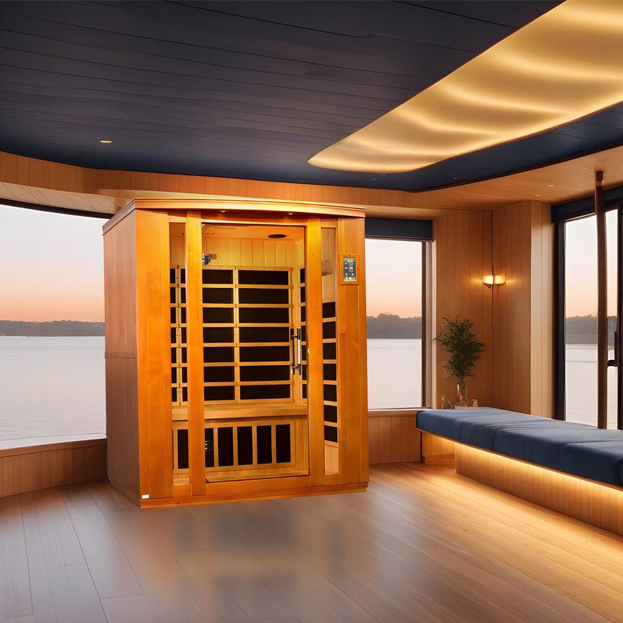 Dynamic Bellagio 3-Person Low EMF FAR Infrared Sauna - Canadian Hemlock in a modern waterfront wellness room from Wish Rock Relaxation.