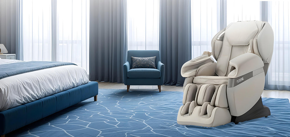Fujiiryoki Calm Plus 4D Massage Chair in beige placed in a serene bedroom setting from Wish Rock Relaxation