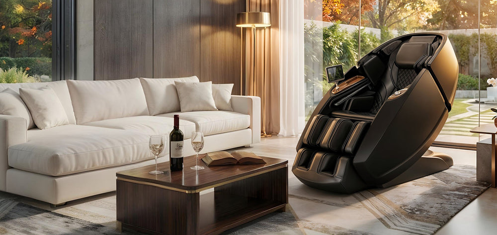 Daiwa Supreme Hybrid X massage chair in Choco color, shown a modern, quiet living room setting from Wish Rock Relaxation