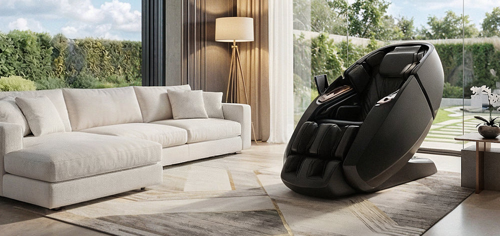 Daiwa Supreme Hybrid massage chair in black reclined in modern living room from Wish Rock Relaxation.