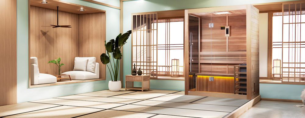 Golden Designs "Hanko Edition" 2–3 Person Indoor Traditional Sauna in Canadian red cedar placed in a serene Japanese-style tatami room from Wish Rock Relaxation