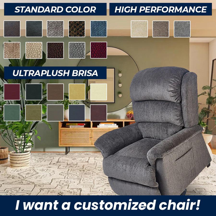 UltraComfort UC559-S Polaris 2 Zone Power Lift Chair Recliner Fabric Chart showing all the possible variation of fabrics that can be used to customize the chair