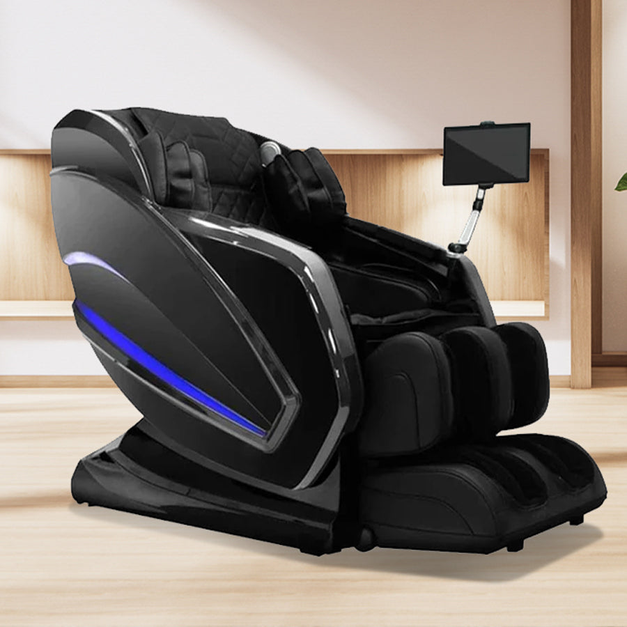 Kahuna Exquisite Rhythmic 4D HSL-Track Massage Chair HM-KAPPA in sleek black with blue LED lighting, displayed in a minimalist modern room with wood accents and decor from Wish Rock Relaxation