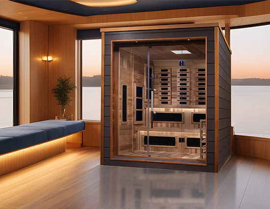 Golden Designs "Karlstad" 6 Person Hybrid Outdoor Sauna in Canadian red cedar with lake view, from Wish Rock Relaxation