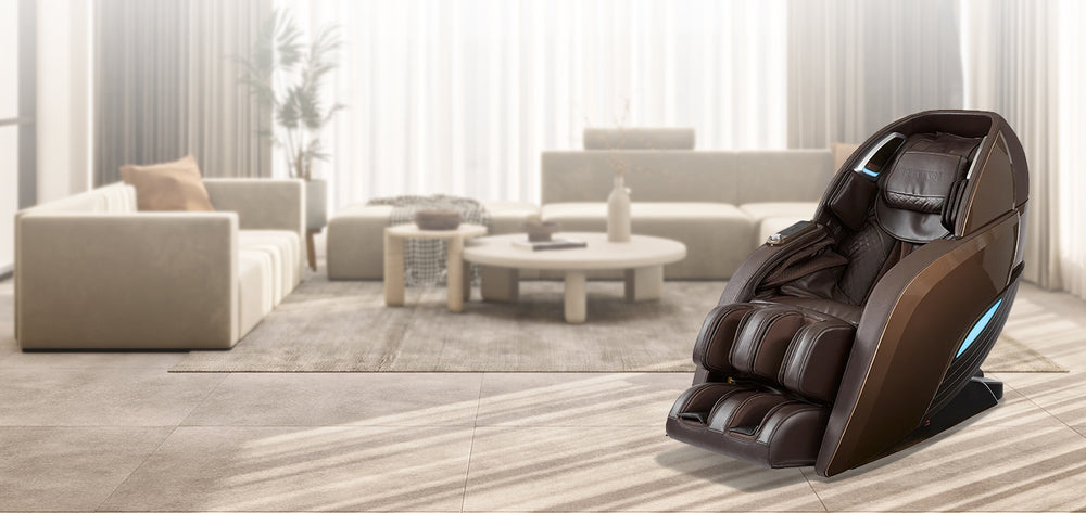 Kyota Yutaka M898 4D Massage Chair in black from Wish Rock Relaxation shown in a modern high-rise living room setting.
