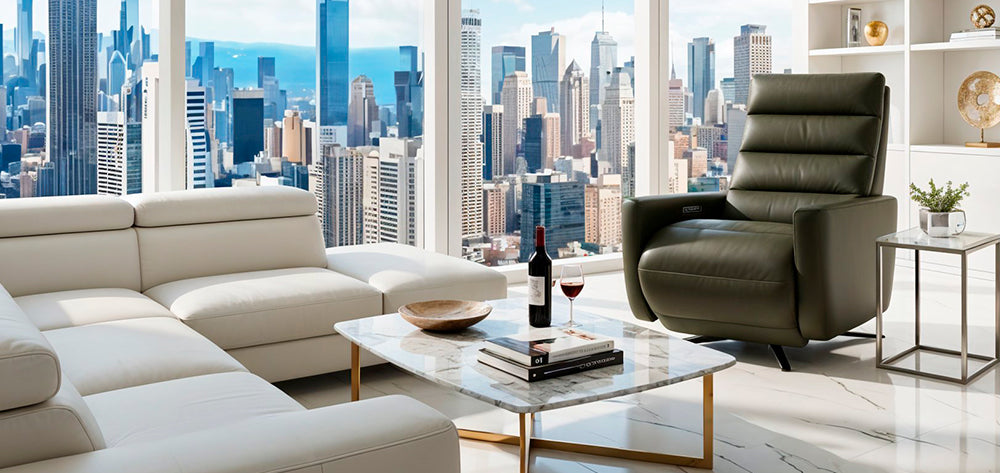 American Leather Cirrus - Comfort Solace Zero Gravity Power Recliner in olive styled in a luxury high-rise living room from Wish Rock Relaxation