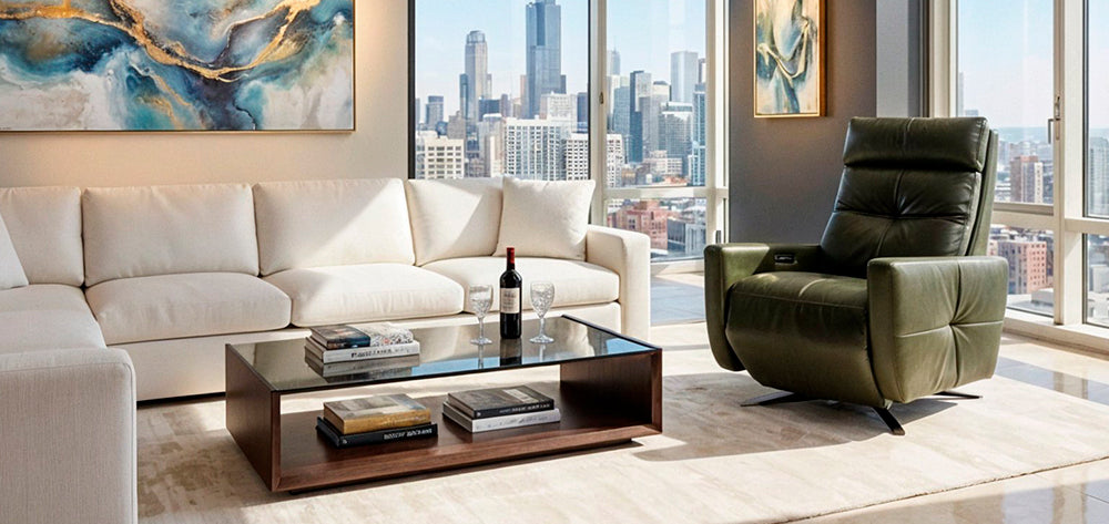 American Leather Rainier Comfort Solace Zero Gravity Power Recliner in olive styled in a high-rise living room from Wish Rock Relaxation