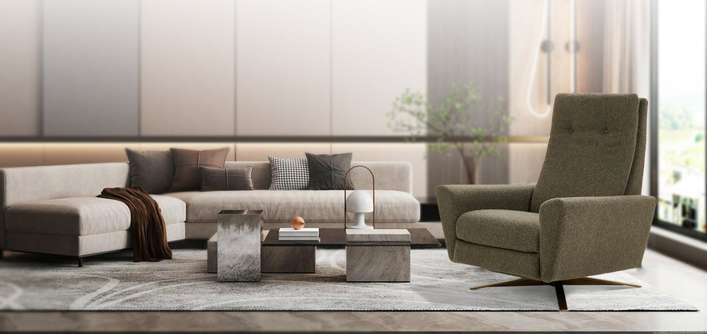 American Leather Comfort Air Atlas Echo Recliner in olive green fabric, featured in a stylish modern living room with sectional sofa, marble coffee tables, and floor-to-ceiling windows from Wish Rock Relaxation