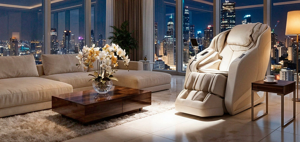 Osaki 4D Helix LE Massage Chair in beige placed in modern luxury living room setting at night from Wish Rock Relaxation.