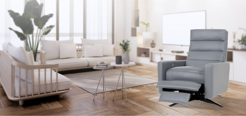 American Leather Comfort Air Cirrus Echo Recliner in light gray leather with extended footrest, displayed in a bright modern living room with natural wood flooring and Scandinavian-style furniture from Wish Rock Relaxation