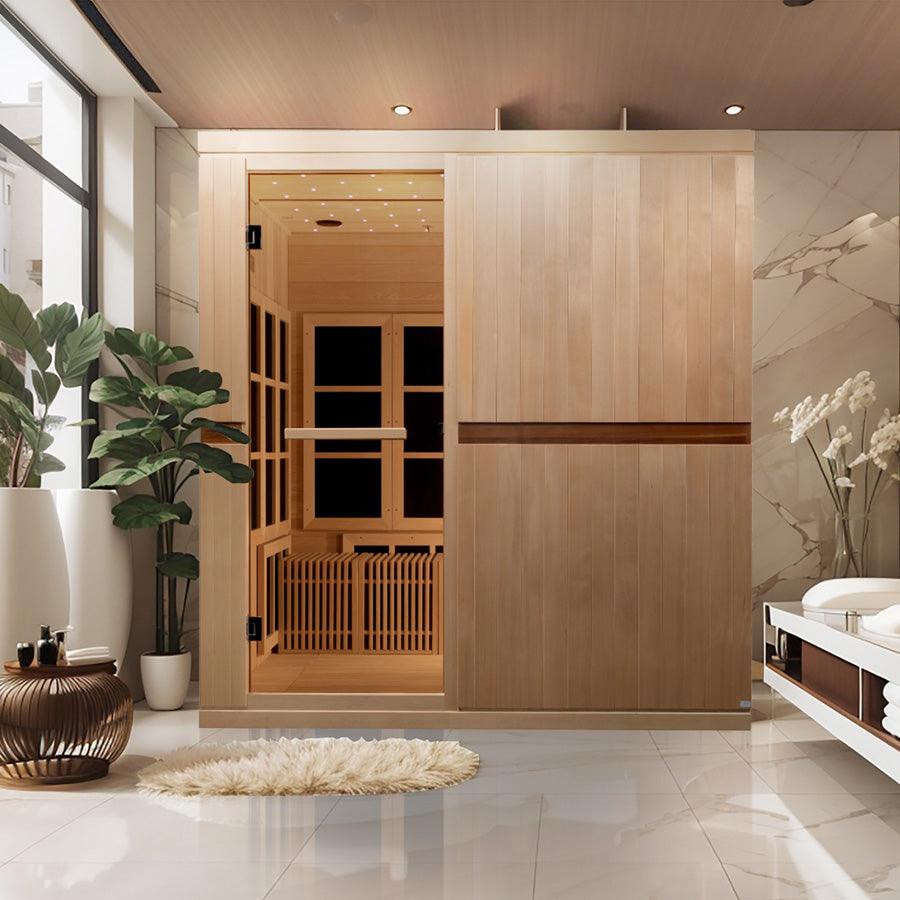 Golden Designs "Catalonia" 8-Person PureTech™ Near Zero EMF FAR Infrared Sauna in Canadian hemlock placed in a luxurious marble spa room from Wish Rock Relaxation