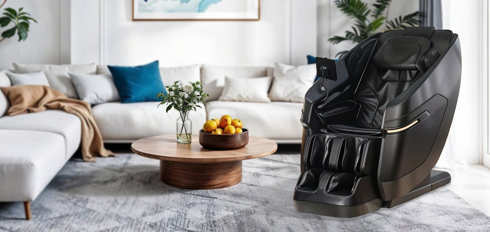 Kyota Zenyu M338 Massage Chair in sleek black finish featured in a modern, cozy living room from Wish Rock Relaxation.