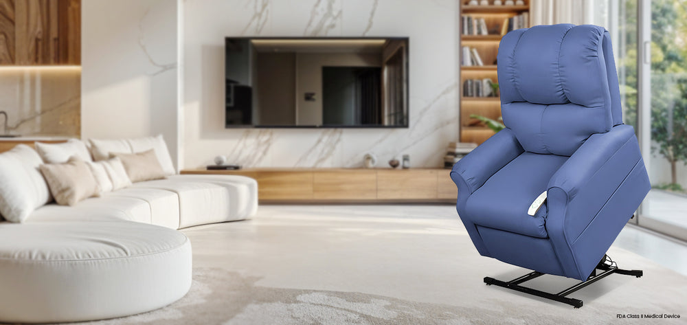 Mega Motion MM-2001 Pocono 3 Position Lift Chair in Midnight Color Lifestyle image set in a tidy, inviting room from Wish Rock Relaxation