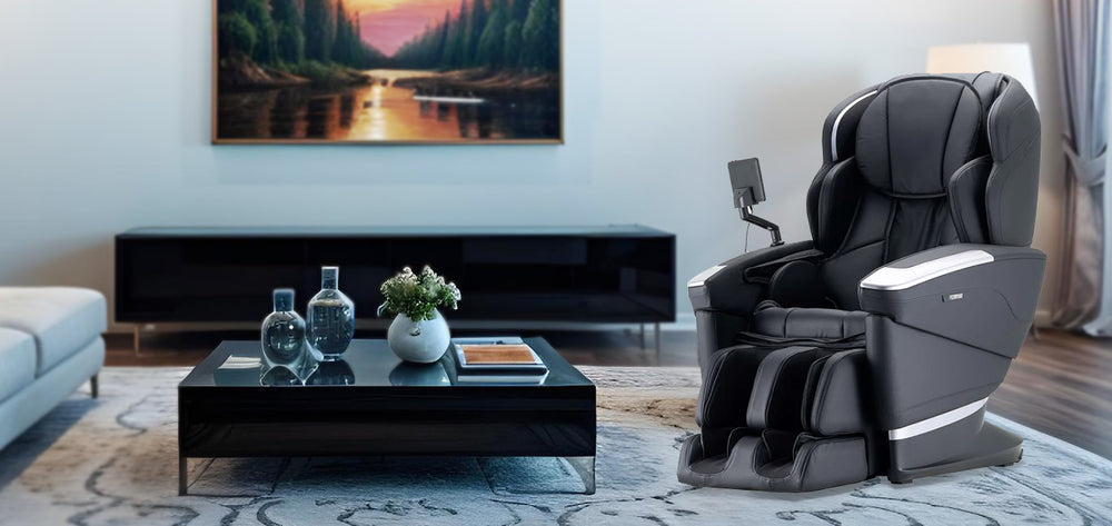 Fujiiryoki Cyber Relax Ai 5D Massage Chair in onyx color placed in a modern living room, featuring Wish Rock Relaxation lifestyle ambiance.
