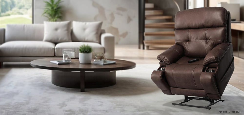 Mega Motion MM-3815 iNFI Elite Capriccio Large Infinite Position Lift Chair in Walnut Color; Lifestyle image set in a tidy, inviting room from Wish Rock Relaxation