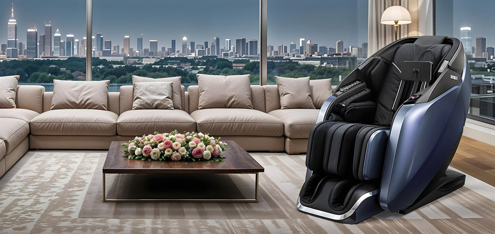 Fujiiryoki Cyber Relax Pro 4D Dual Massage Chair in admiral color placed in upscale living room from Wish Rock Relaxation