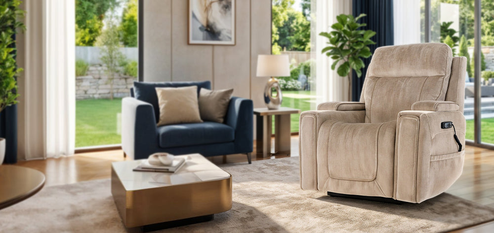 Mega Motion MM-8955 iNFI IMMERSE Infinite Position Lift Chair in beige, placed in a bright modern living room from Wish Rock Relaxation.