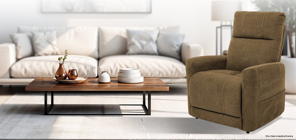 Mega Motion MM-3615 Trio Invigorate 3 Position Lift Chair in Earth color; Lifestyle image in a neat and tidy room from Wish Rock Relaxation