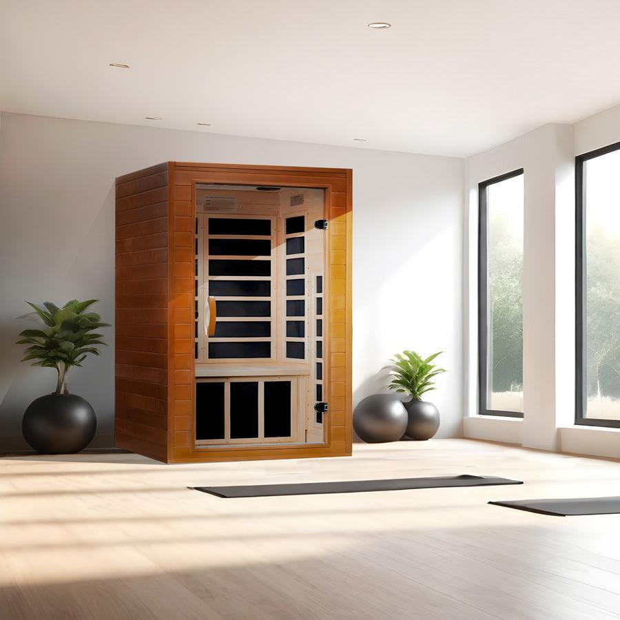 Dynamic Avila Elite 1-2 Person Ultra Low EMF FAR Infrared Sauna - Canadian Hemlock placed in a bright, modern wellness room from Wish Rock Relaxation.