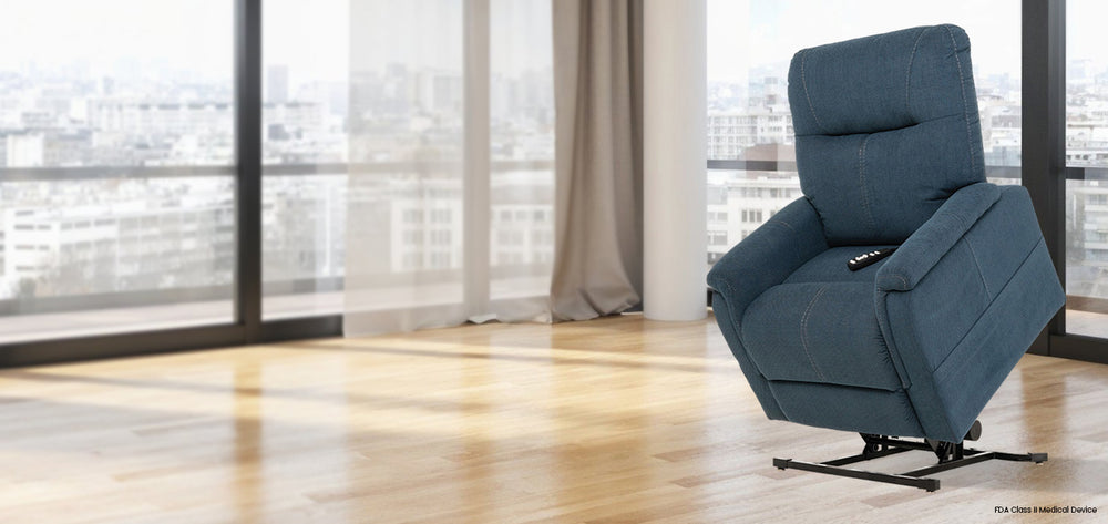 Mega Motion MM-3620 Trio Invigorate Dynamo Lift Chair in Indigo color Lifestyle image in an inviting vibe from Wish Rock Relaxation