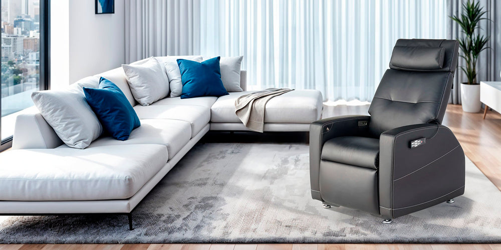 Laevo ZG Chair with Lift Assist in black leather shown in a modern living room setting, featuring ergonomic zero gravity design, powered recline, and lift assist functionality from Wish Rock Relaxation.