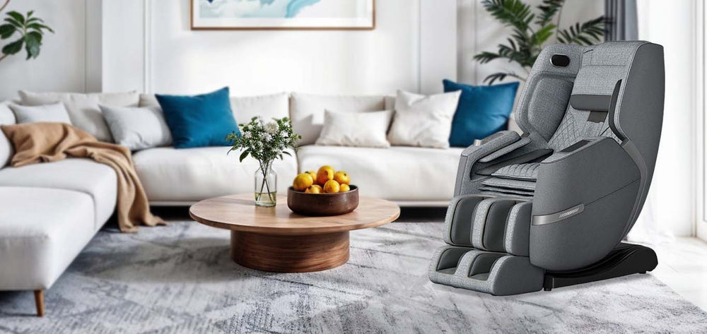 Positive Posture Solara Massage Chair in pewter placed in modern living room setting, from Wish Rock Relaxation