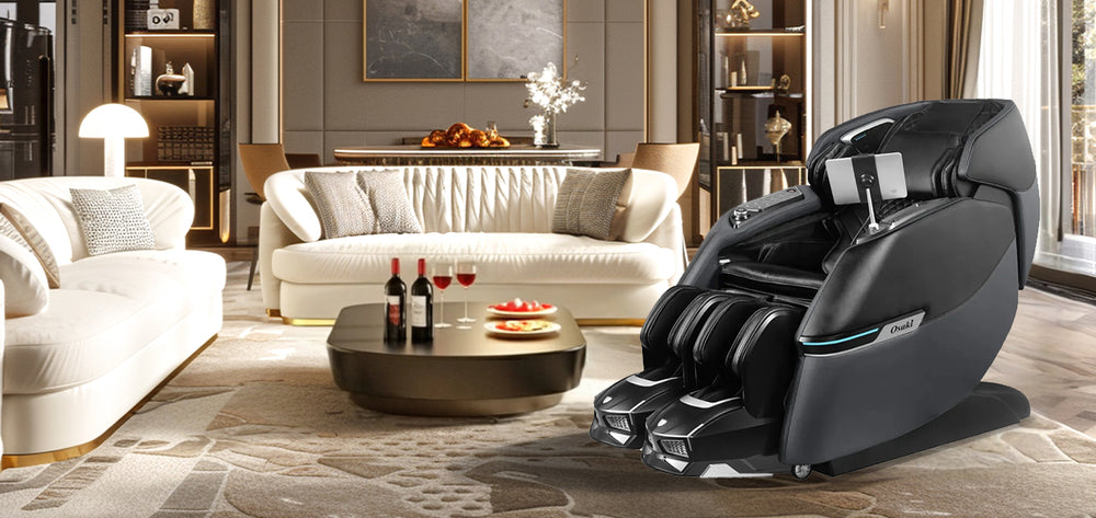 Osaki Trion Flex Duo 4D+3D Massage Chair, featured in a serene modern living room with neutral tones and soft natural light