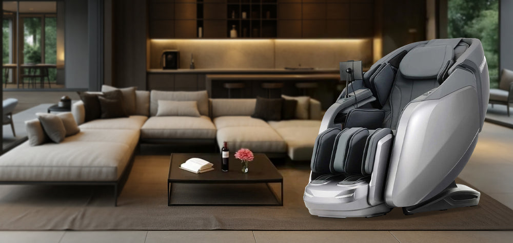 Fujiiryoki Cyber Relax Elite MR7500 4D Massage Chair in a modern living room setting, showcasing its sleek design and premium comfort for home wellness from WIsh Rock Relaxation