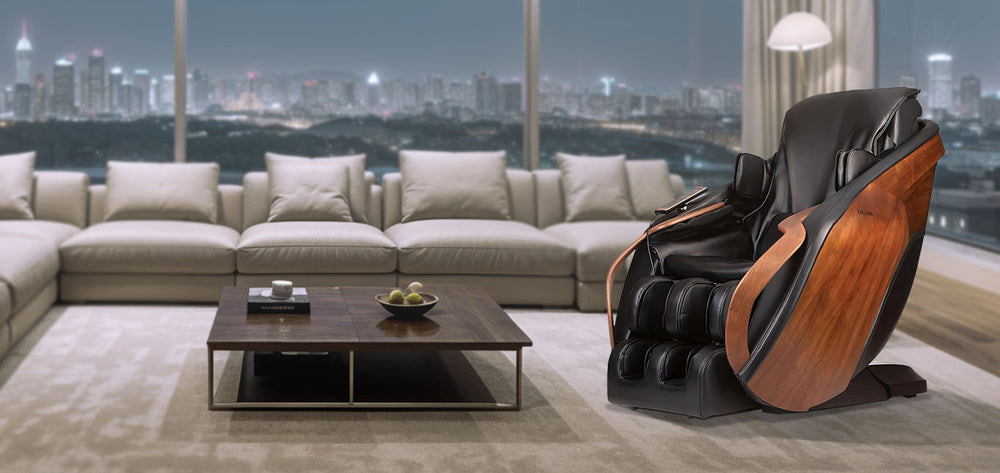 Synca DCore Cirrus-JP 3D massage chair in black with wood accents in modern living room from Wish Rock Relaxation.