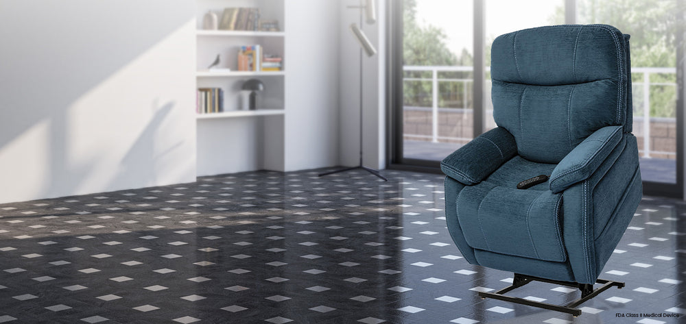 Mega Motion MM-3710 iNFI ELITE Lay-Flat Infinite Position Lift Chair in Navy color; Lifestyle image in a spacious room from Wish Rock Relaxation