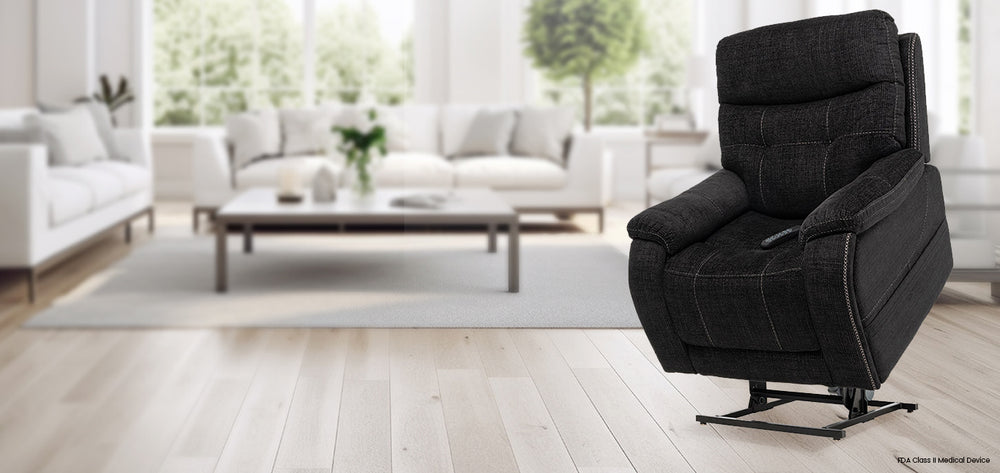 Mega Motion MM-3712 iNFI Elite Infinite Position Lift Chair in Ebony color; Lifestyle image from Wish Rock Relaxation