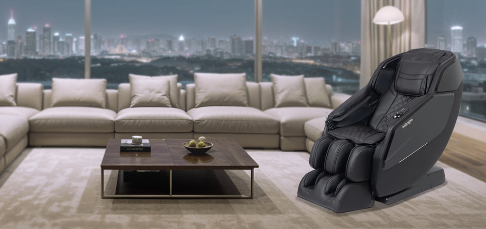 Ergotec ET-180 Pluto Massage Chair in black color placed in a stylish living room setting, Wish Rock Relaxation lifestyle image.