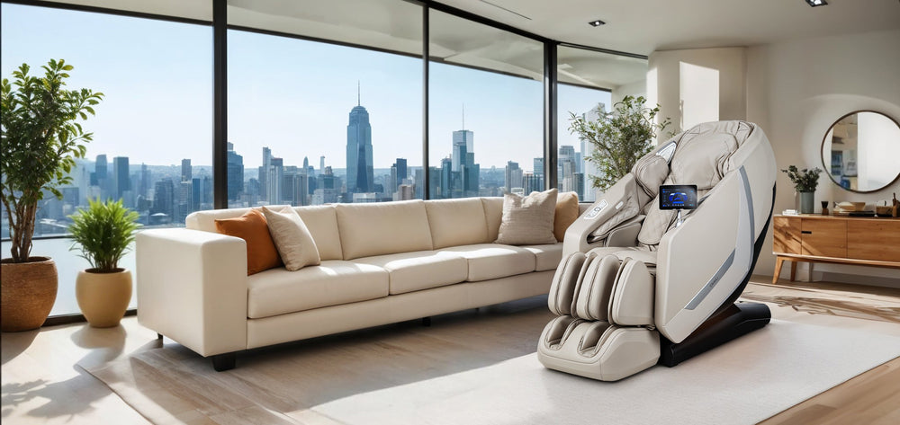 Osaki Kairos Duo 5D+4D Massage Chair in taupe placed in a modern living room with city view from Wish Rock Relaxation.