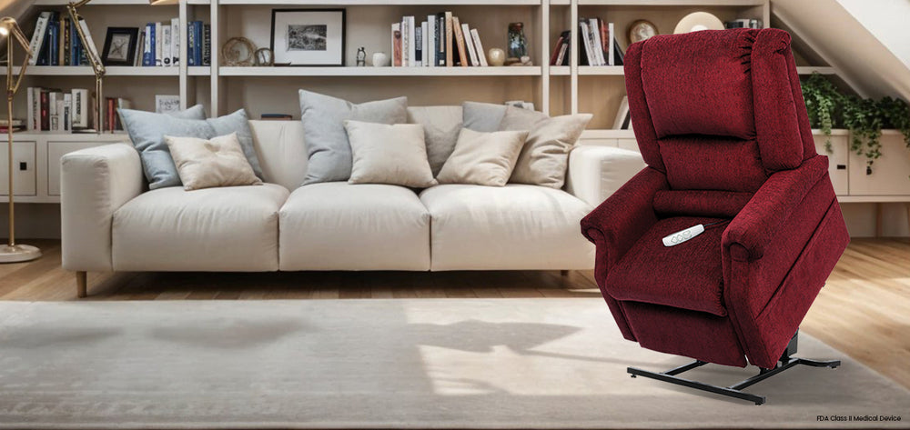 Mega Motion MM-201 iNFI ATTAIN Infinite Position Lift Chair in red fabric in modern living room from Wish Rock Relaxation.