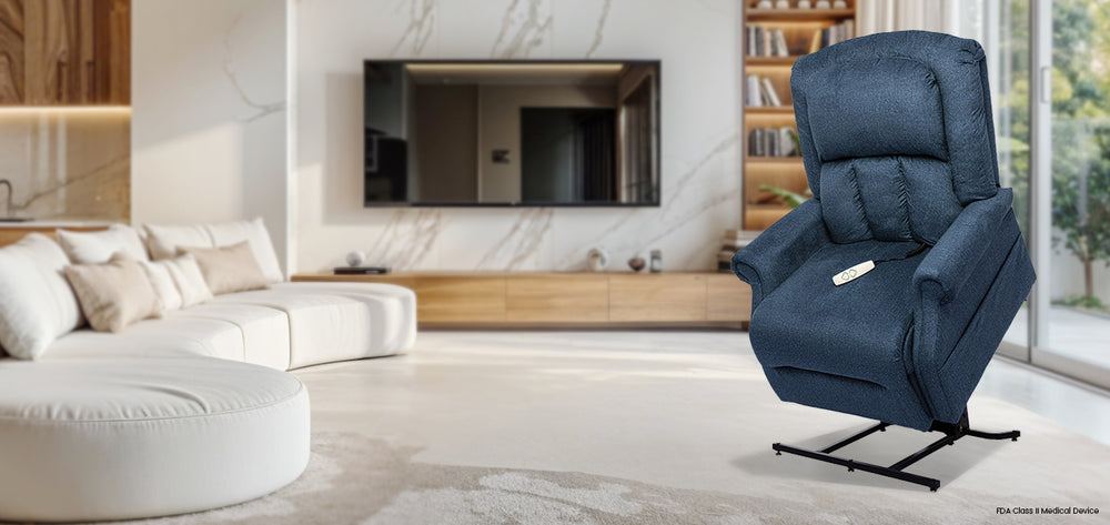 Mega Motion MM-7001 Vance 3 Position XL Lift Chair in Blue Color Lifestyle image in an aesthetic space from Wish Rock Relaxation