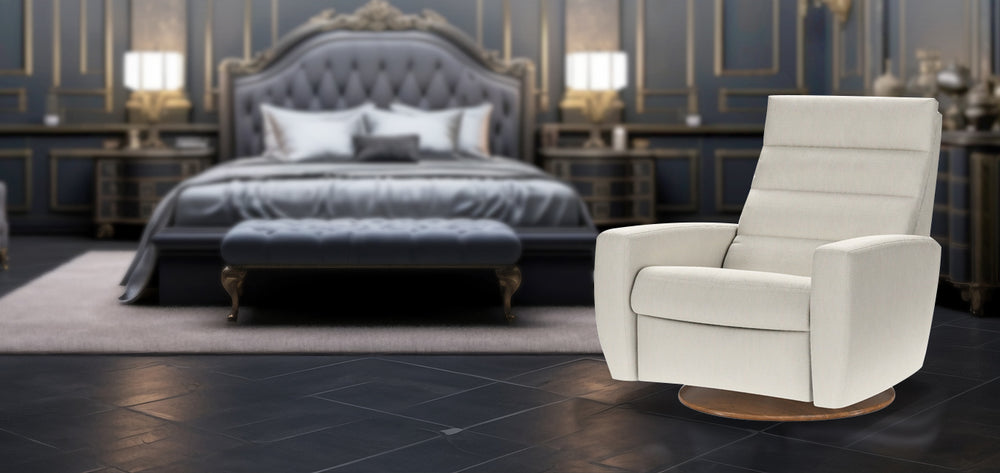 American Leather Comfort Air Lanier Echo Recliner in ivory fabric, styled in an opulent bedroom with tufted bed and dark paneled walls from Wish Rock Relaxation