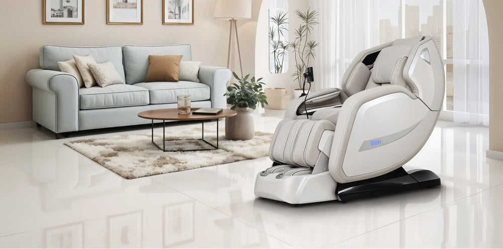 Titan 4D Advent Massage Chair in taupe from Wish Rock Relaxation shown in modern living room