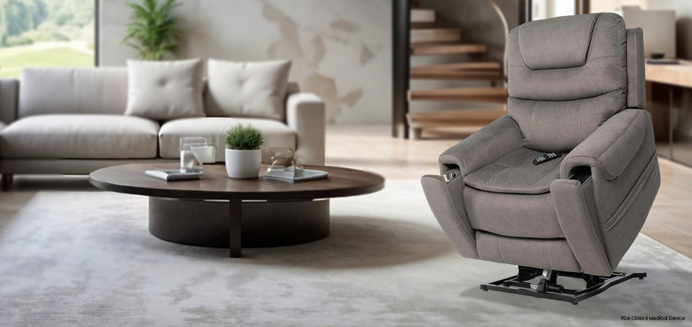 Mega Motion MM-3900 iNFI Elite Arula Large Infinite Position Lift and Tilt Chair in Elephant Color; Lifestyle image set in a clean and elegant room from Wish Rock Relaxation