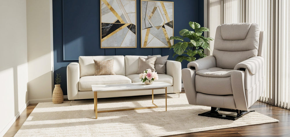 Mega Motion MM-3900 iNFI Elite large infinite position lift chair in dove with sofa in modern living room from Wish Rock Relaxation.