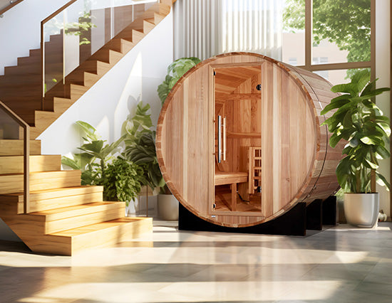 Golden Designs "St. Moritz" 2 Person Barrel Traditional Sauna in Pacific Cedar featured in a bright modern interior from Wish Rock Relaxation