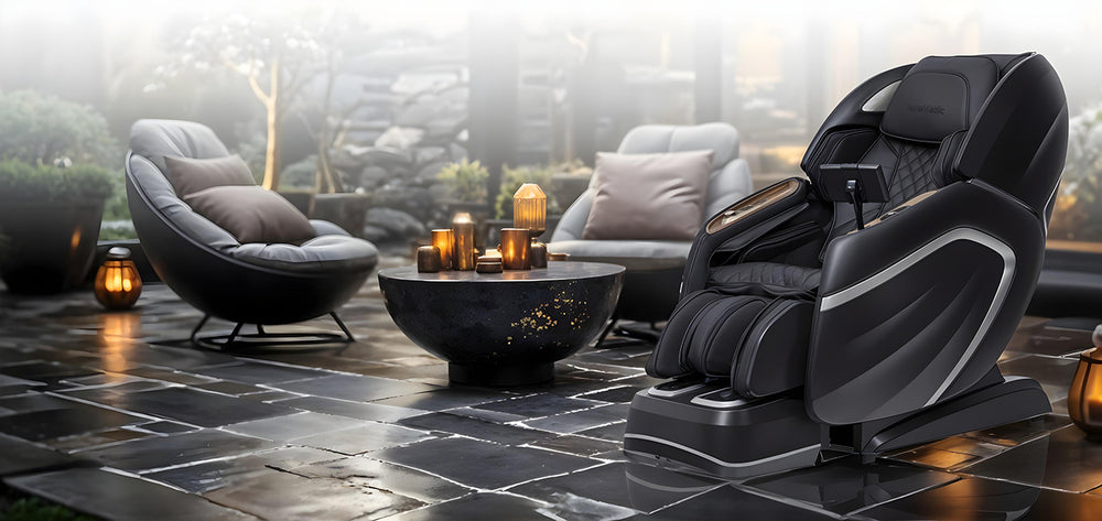 AmaMedic Hilux 4D massage chair in black on outdoor patio setting from Wish Rock Relaxation.
