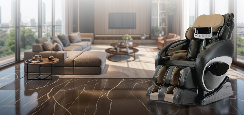 Osaki OS-4000T Massage Chair in black and beige in a modern living room, from Wish Rock Relaxation.