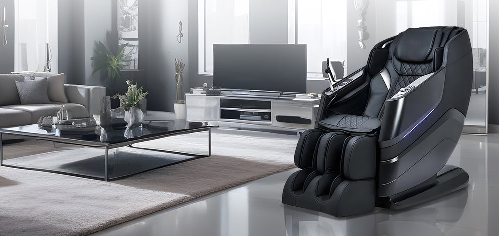 Titan TP-Epic 4D Massage Chair in a modern living room setting, showcasing comfort and style for relaxation