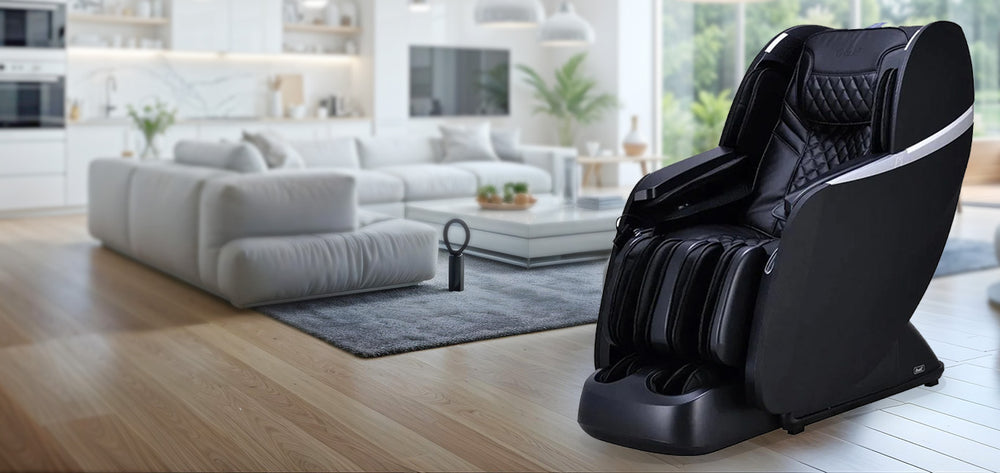 Osaki Platinum OP-Vera 4D+ massage chair in black in modern open-concept living room from Wish Rock Relaxation.