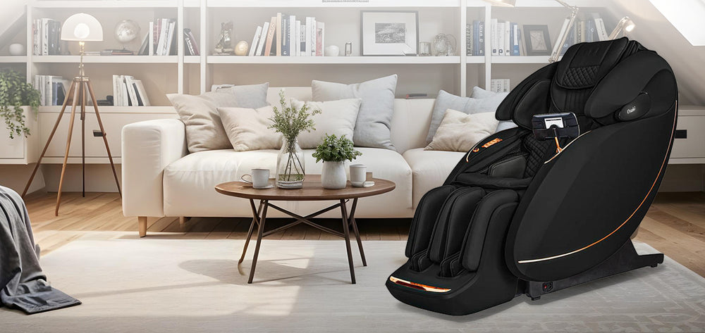 Osaki Solis 4D massage chair in black in contemporary living room from Wish Rock Relaxation.