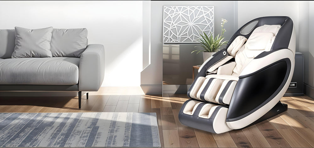 Titan Premium Fleetwood II Massage Chair in taupe color featured in a stylish living room, highlighting Wish Rock Relaxation lifestyle.
