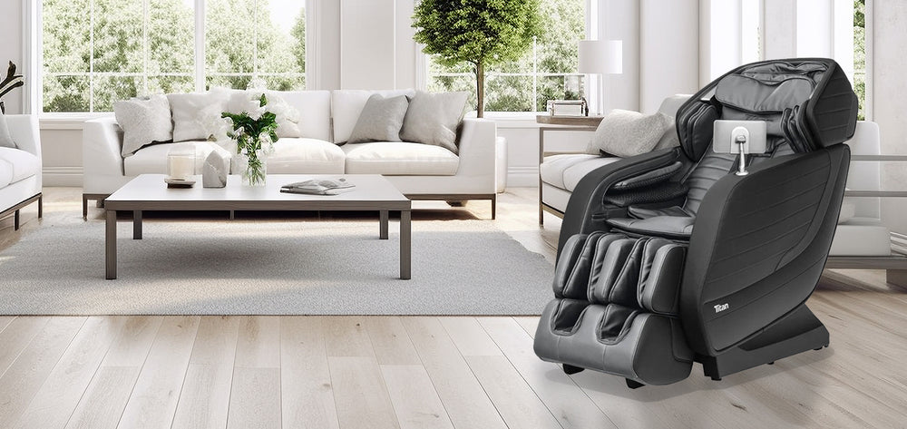 Titan Pro Jupiter LE Premium Massage Chair in a modern living room, showcasing luxury and comfort with Wish Rock Relaxation lifestyle pic